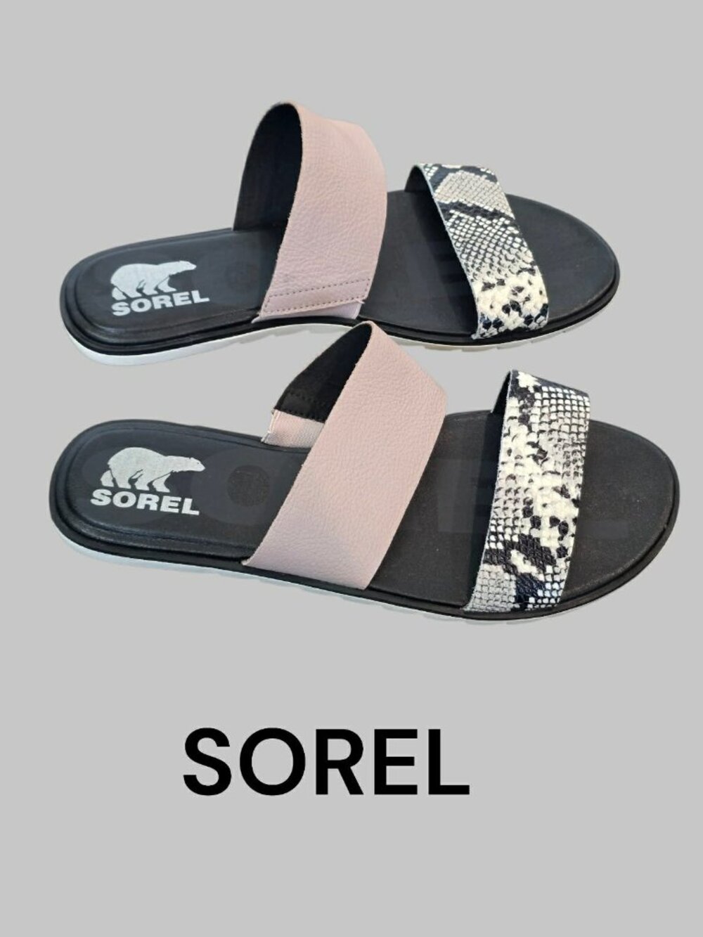 Sorel Ella II Slide Leather White Black Snake Print Strap Sandals Womens 10.5